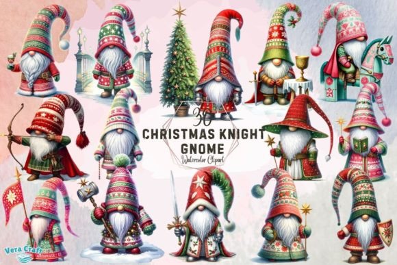Christmas Knight Gnome Watercolor Clipar Gráfico PNG transparentes AI Por Vera Craft