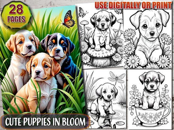 Cute Puppies in Bloom Coloring Pages Gráfico Páginas para colorear IA Por bfoudil.bf
