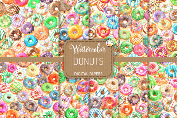 Donuts Set 3 - Watercolor Dessert Papers Graphic Patterns By Prawny