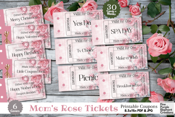 Pink Roses Mother's Day Coupon Card Book Gráfico Plantillas de Impresión Por finepurpleelephant