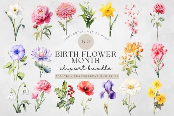 Birth Month Flower Clipart - Flower Png Grafika Ilustracje do Druku Przez Feather Flair Art
