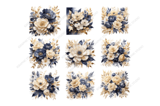 Blue and Gold Flowers PNG, Graphic Illustrations By Igraphic Studio 3