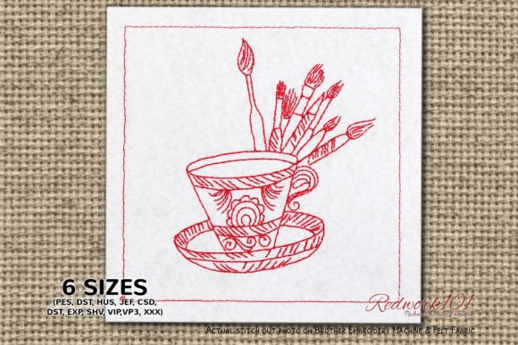 Coffee with Paint Brush Redwork Tea & Coffee Embroidery Design By Redwork101