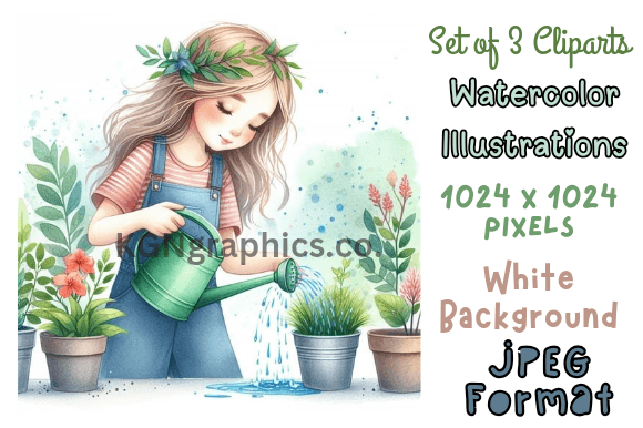 Garden Girl Watercolor Illustration Set Graphic AI Illustrations By KGNgraphics.Co.