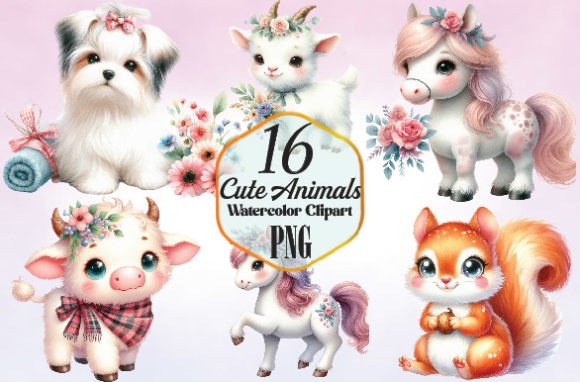 Watercolor Cute Animals Clipart Bundle Gráfico Ilustrações para Impressão Por PinkDigitalArt