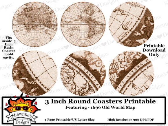 3" 1696 Old World Map Coaster Printable Graphic Crafts By Shawnna's Designs