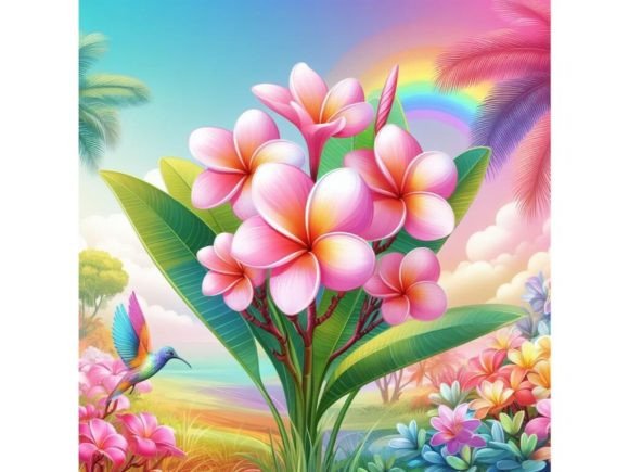 4 Pink Plumeria Flower in Garden Gráfico Ilustraciones Imprimibles Por A.I Illustration and Graphics