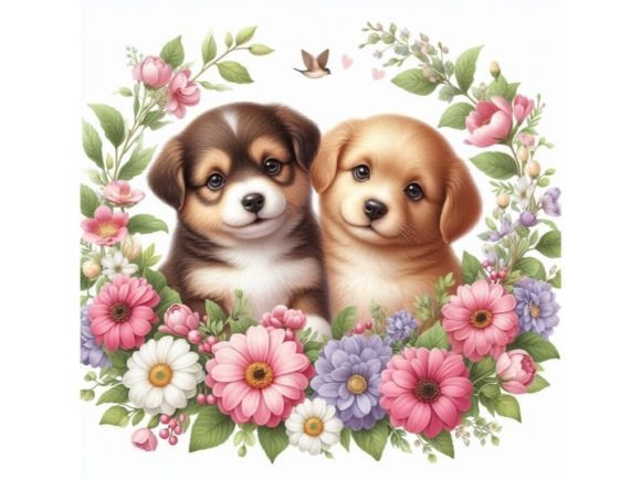 4 Two Puppies and Beautiful Flowers Gráfico Ilustraciones Imprimibles Por A.I Illustration and Graphics