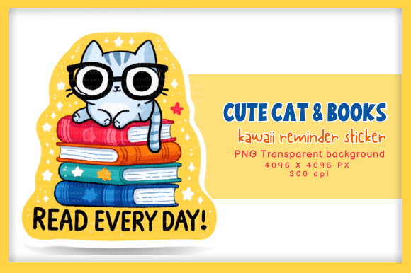 Cute Cat & Books Kawaii Reminder Sticker Graphic AI Transparent PNGs By Emena's Inspo