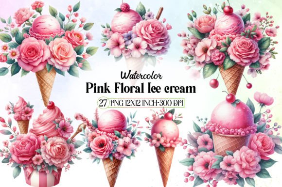 Pink Floral Ice Cream Clipart Graphic Illustrations By LibbyWishes