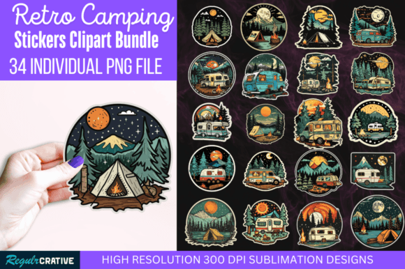 Retro Camping Stickers Clipart Bundle Gráfico Ilustrações para Impressão Por Regulrcrative