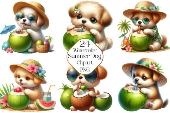 Summer Baby Dog Eating Green Coconut Graphic Illustrations By CraftArtStudio