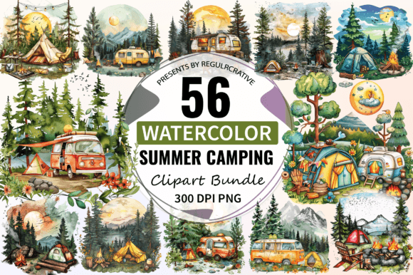 Summer Camping Clipart PNG Bundle Gráfico Ilustrações para Impressão Por Regulrcrative
