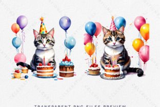 Watercolor Cat Birthday Clipart PNG Graphic Illustrations By CelebrationsBoxs 7