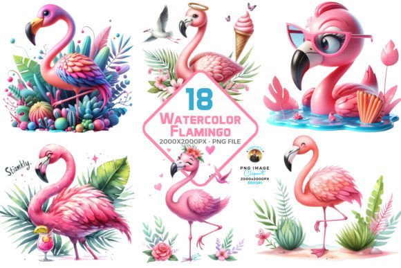 Watercolor Flamingo Clipart Bundle Graphic Illustrations By sagorarts