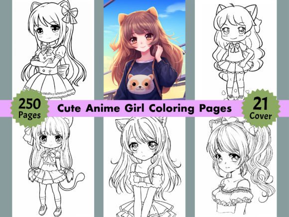 250 Cute Anime Girls Coloring Pages Kdp Gráfico Interiores KDP Por WinSum Art