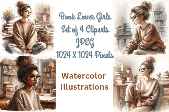 Book Lover Girls Watercolor Cliparts Set Illustration Illustrations AI Par KGNgraphics.Co.