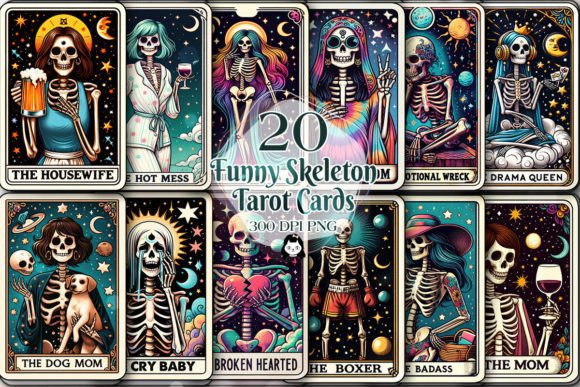 Funny Skeleton Tarot Card Sublimation Gráfico Ilustrações para Impressão Por Cat Lady