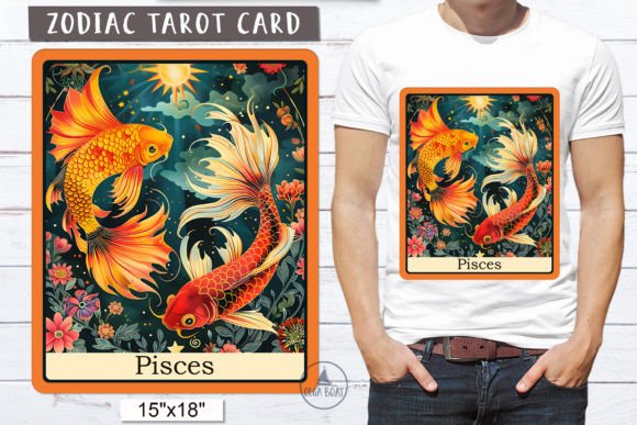 Pisces Astrology Sign Tarot Card Zodic Gráfico Ilustrações para Impressão Por Olga Boat Design