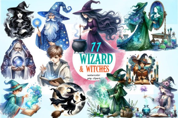 Wizard and Witch Watercolor Clipart Graphic Illustrations By Md Shahjahan