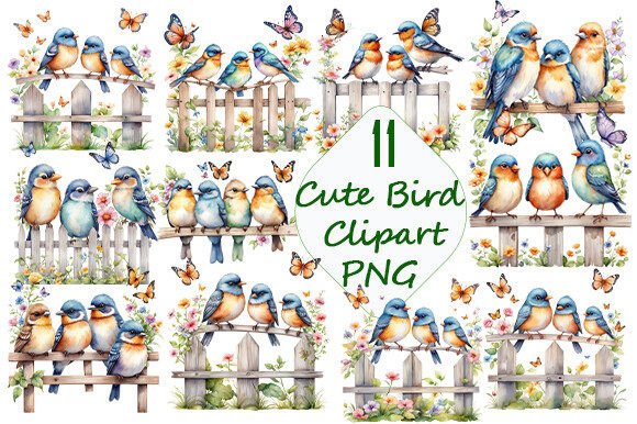 Cute Bird Watercolor Clipart PNG Bundle. Gráfico Ilustrações para Impressão Por Dream's Workshop