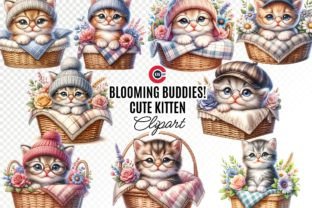 Cute Kitten in Flower Basket Clipart Gráfico Ilustrações para Impressão Por c.kav.art 1