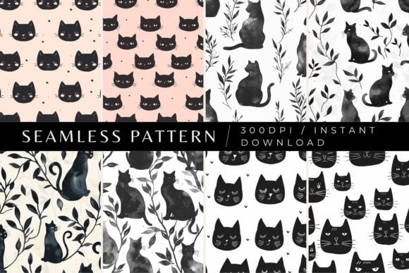 Minimalist Black Cat Seamless Patterns Illustration Modèles de Papier Par Inknfolly