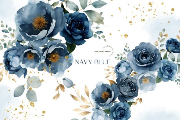 Navy Blue Flowers Bouquets Clipart Grafika Ilustracje do Druku Przez SunflowerLove
