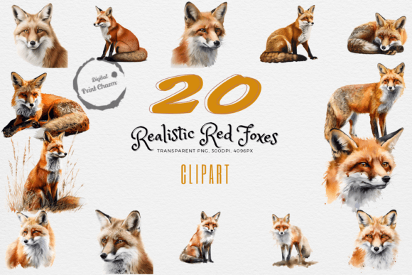 Realistic Watercolor Red Fox Cliparts Graphic AI Transparent PNGs By Digital Print Charm