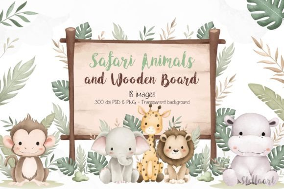 Safari Animals and Wooden Board Graphic Illustrations By Stellaart