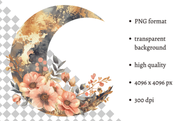 Watercolor Boho Floral Moon Clipart Graphic Illustrations By MashMashStickers
