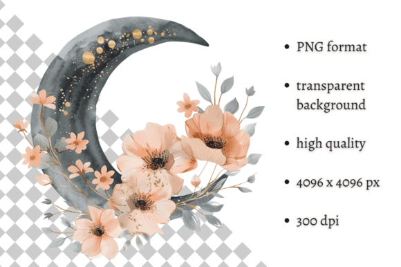 Watercolor Boho Floral Moon Clipart Graphic Illustrations By MashMashStickers