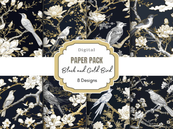 Black and Gold Bird Toile Du Jouy Grafik Papier-Muster Von Mystic Mountain Press