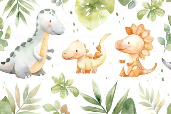 Cute Watercolor Dinosaurs in Pastel Graphic AI Patterns By Sun Sublimation