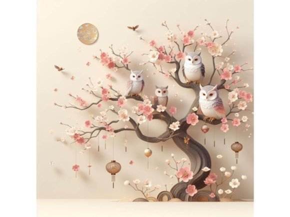 4 Blooming Tree and Branches with Sittin Graphic Illustrations By A.I Illustration and Graphics