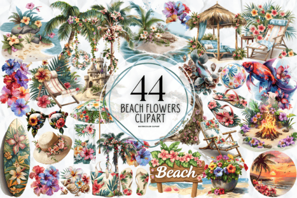Beach Flowers Clipart Gráfico Ilustraciones Imprimibles Por Markicha Art