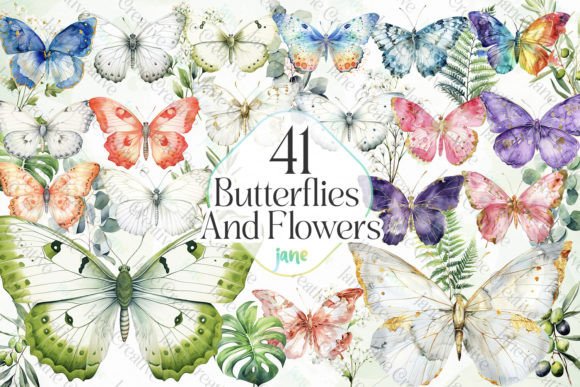 Butterflies and Flowers Sublimation Grafik Druckbare Illustrationen Von JaneCreative
