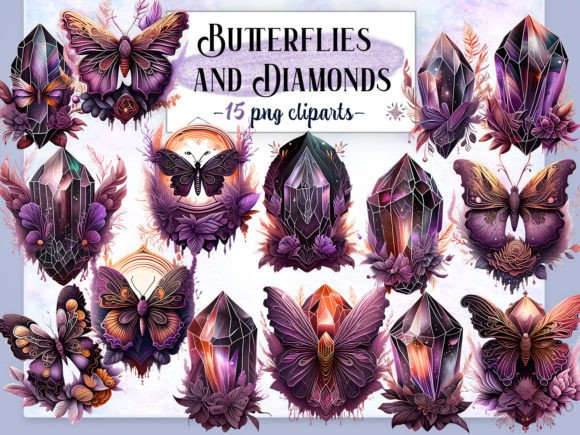 Butterflies & Diamonds Clipart Graphic Illustrations By EdeniaArtStudio