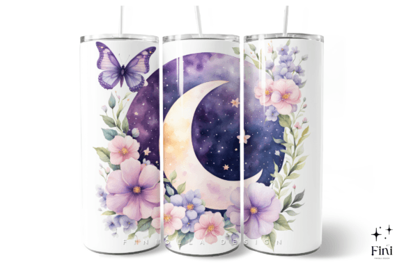 Celestial Moon Flowers Tumbler Wrap PNG Grafika Szablony do Druku Przez Finiolla Design