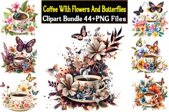 Coffee with Flowers and Butterflies Clip Graphic Illustrations By Mockup And Design Store