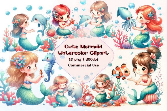 Cute Mermaid Watercolor Clipart Afbeelding Crafts Door Design By Naree