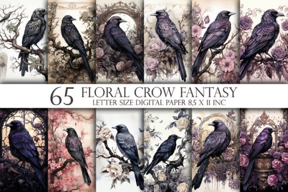 Floral Crow Fantasy 65 Digital Paper Graphic Backgrounds By Mehtap Aybastı