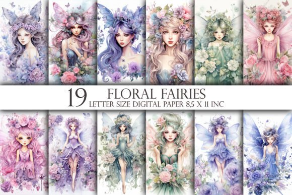 Floral Fairies 19 Letter Digital Paper Graphic Backgrounds By Mehtap Aybastı