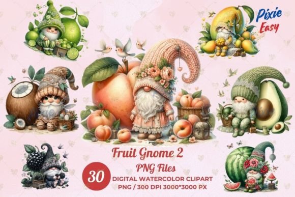 Gnome Fruit Spring Clipart, Watercolor Graphic AI Graphics By Pixie Easy