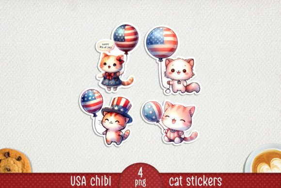USA Chibi Cat Printable Stickers. Graphic AI Illustrations By NadineStore