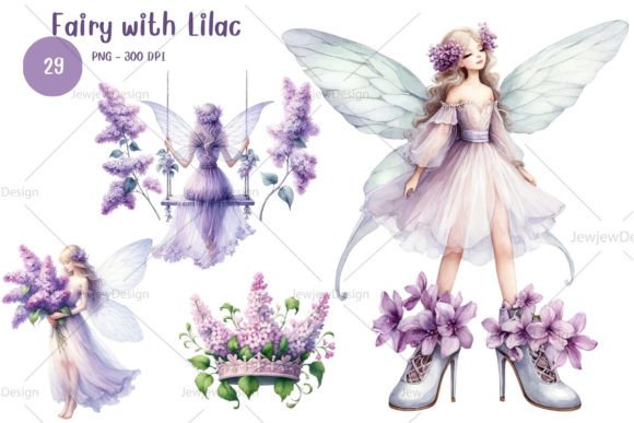 Watercolor Fairy Lilac Flower Clipart Grafik Druckbare Illustrationen Von JewjewDesign