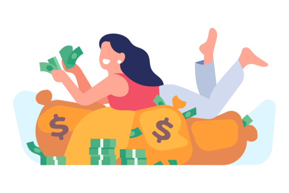 Woman Laying on Money Bags. Wealthy Pers Grafika Ilustracje do Druku Przez vectorbum