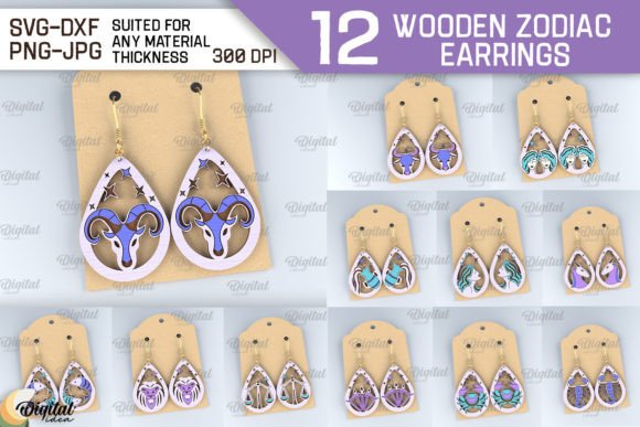 Wooden Zodiac Earrings Laser Cut Bundle Gráfico SVG 3D Por Digital Idea