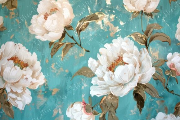 Floral Teal and Gold Wallpaper White Gráfico Patrones IA Por Sun Sublimation