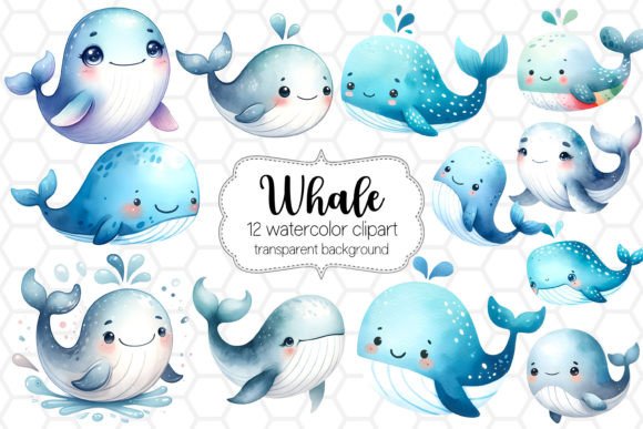 12 Cute Whale Watercolor Clipart Bundle Afbeelding Afdrukbare Illustraties Door DreanArtDesign
